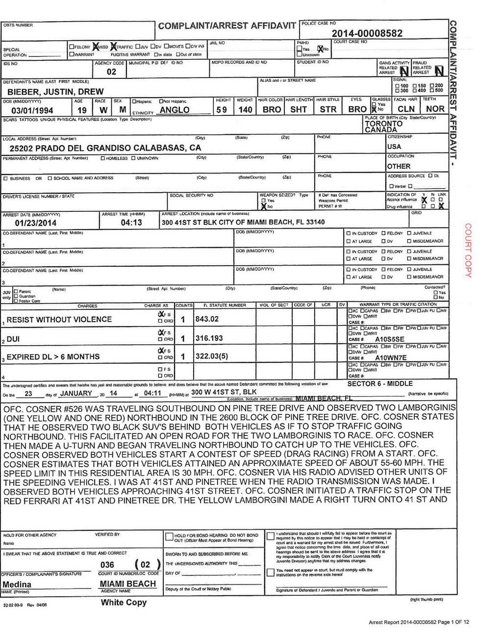 Justin Bieber Miami DUI police report page 1