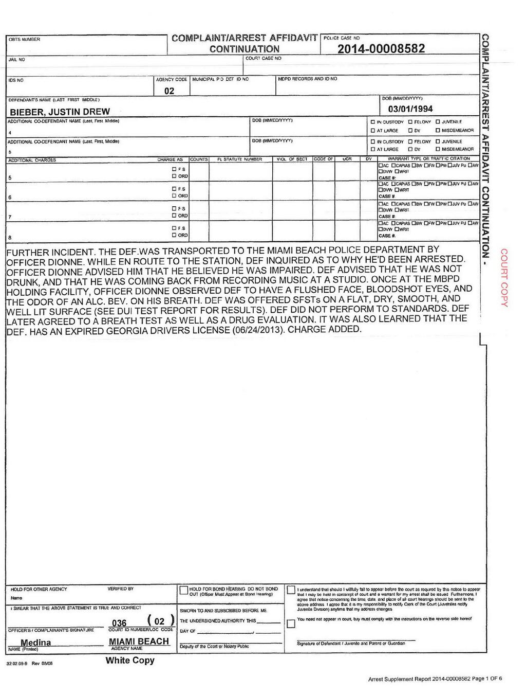 Justin Bieber Miami DUI police report page 3