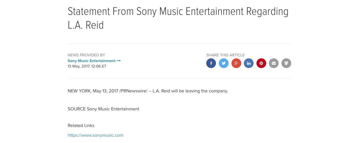 Sony's LA Reid statement