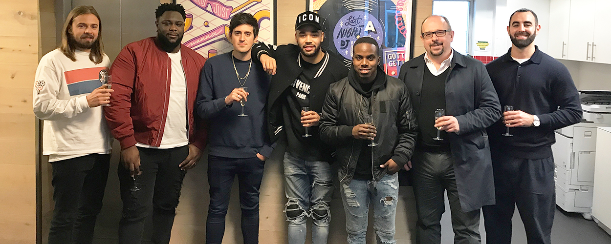 Pictured, left to right, in the photo are David Ventura (Sony/ATV Head of A&R, UK), Isaac Kyerematen (House Of Forever), Alex Sparks (Sony/ATV A&R Manager), Yungen, Byron Coote, Simon Dixon (Bray & Krais) and Jamal Rahman (Sony/ATV Business Affairs Manager)